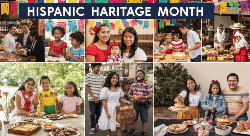 A vibrant celebration of Hispanic Heritage Month showcasing diverse families and cultural activities in the United States