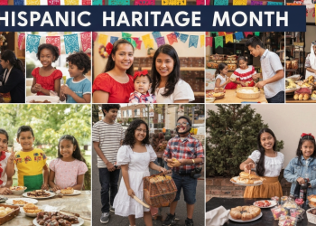 A vibrant celebration of Hispanic Heritage Month showcasing diverse families and cultural activities in the United States