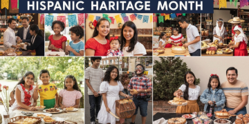 A vibrant celebration of Hispanic Heritage Month showcasing diverse families and cultural activities in the United States