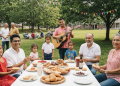 A diverse group of families celebrating Hispanic Heritage Month with traditional foods and cultural activities in a park.
