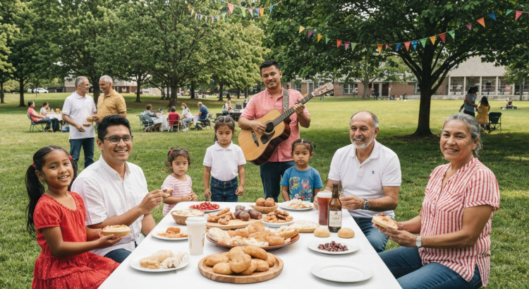 A diverse group of families celebrating Hispanic Heritage Month with traditional foods and cultural activities in a park.